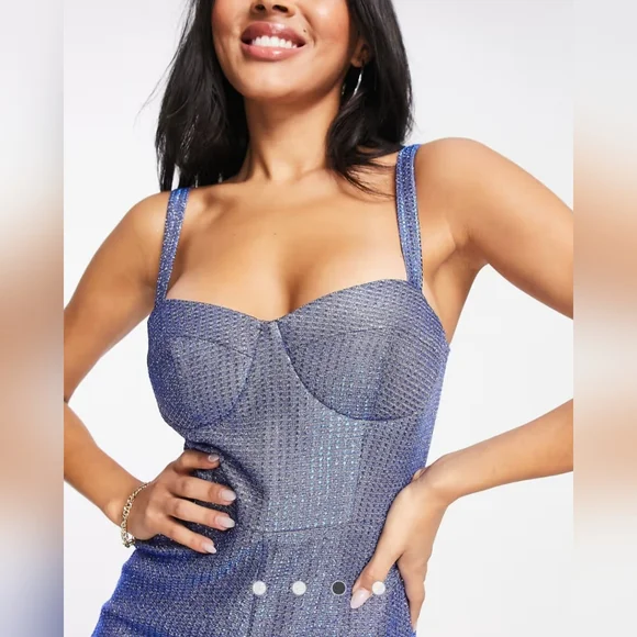 NWOT ASOS Blue Metallic Cupped Flare Jumpsuit Size 10 - Picture 3 of 11